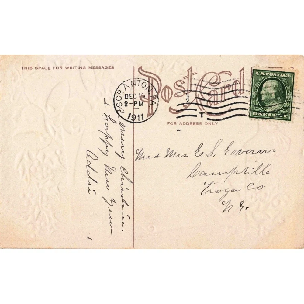 Vintage 1911 Embossed Christmas Postcard Bells Holly Scranton PA Postmark VG